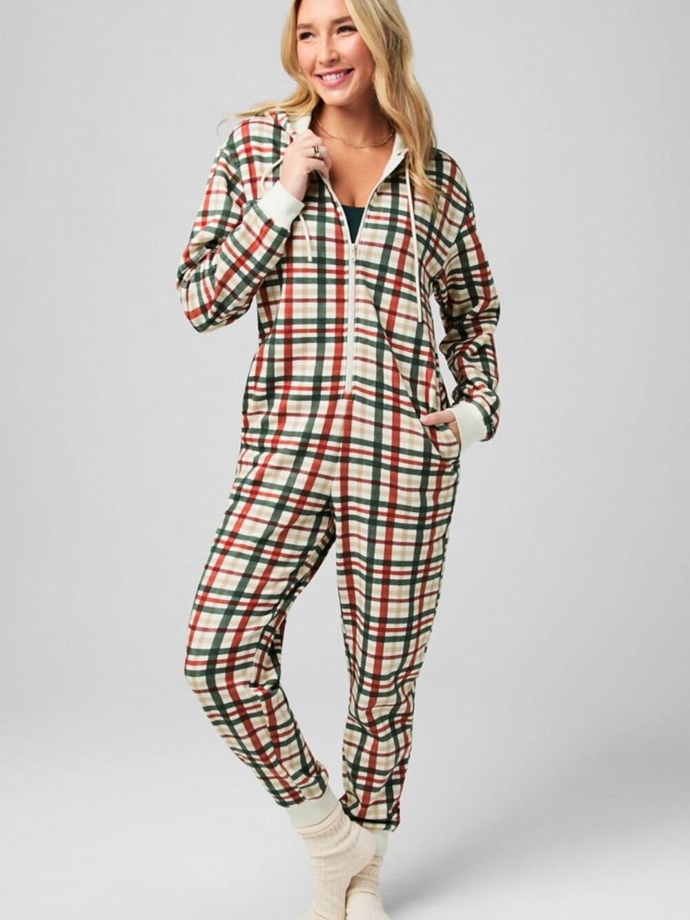 Fabletics NEW Plaid Cozy fleece One piece Relaxed Lounge Sleepwear, sz XS